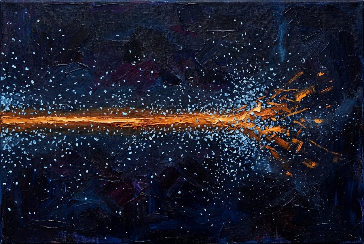 A line of warm light fraying into fragments where countless small cold particles have settled on it