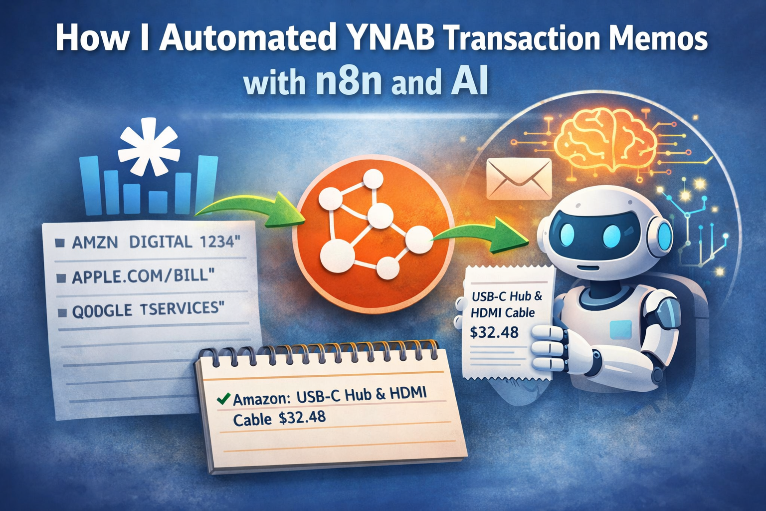 AI image a robot updating transaction memos in ynab. 