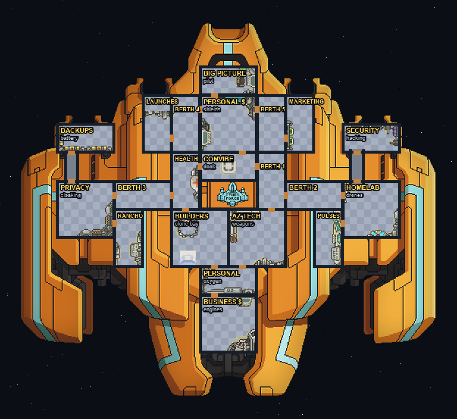 The office, rebuilt as a ship. Every room is a standing job.