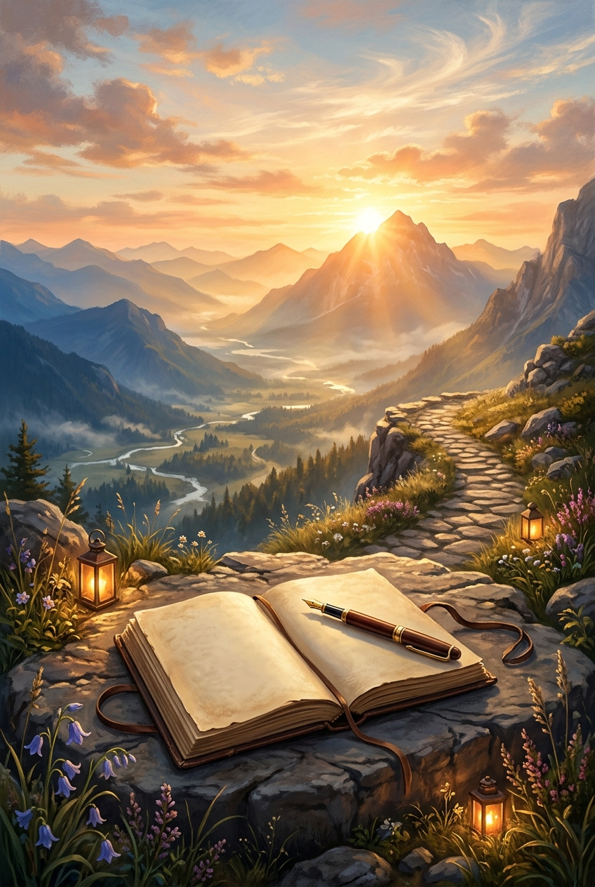 A fountain pen resting on an open journal at a mountain overlook at sunrise